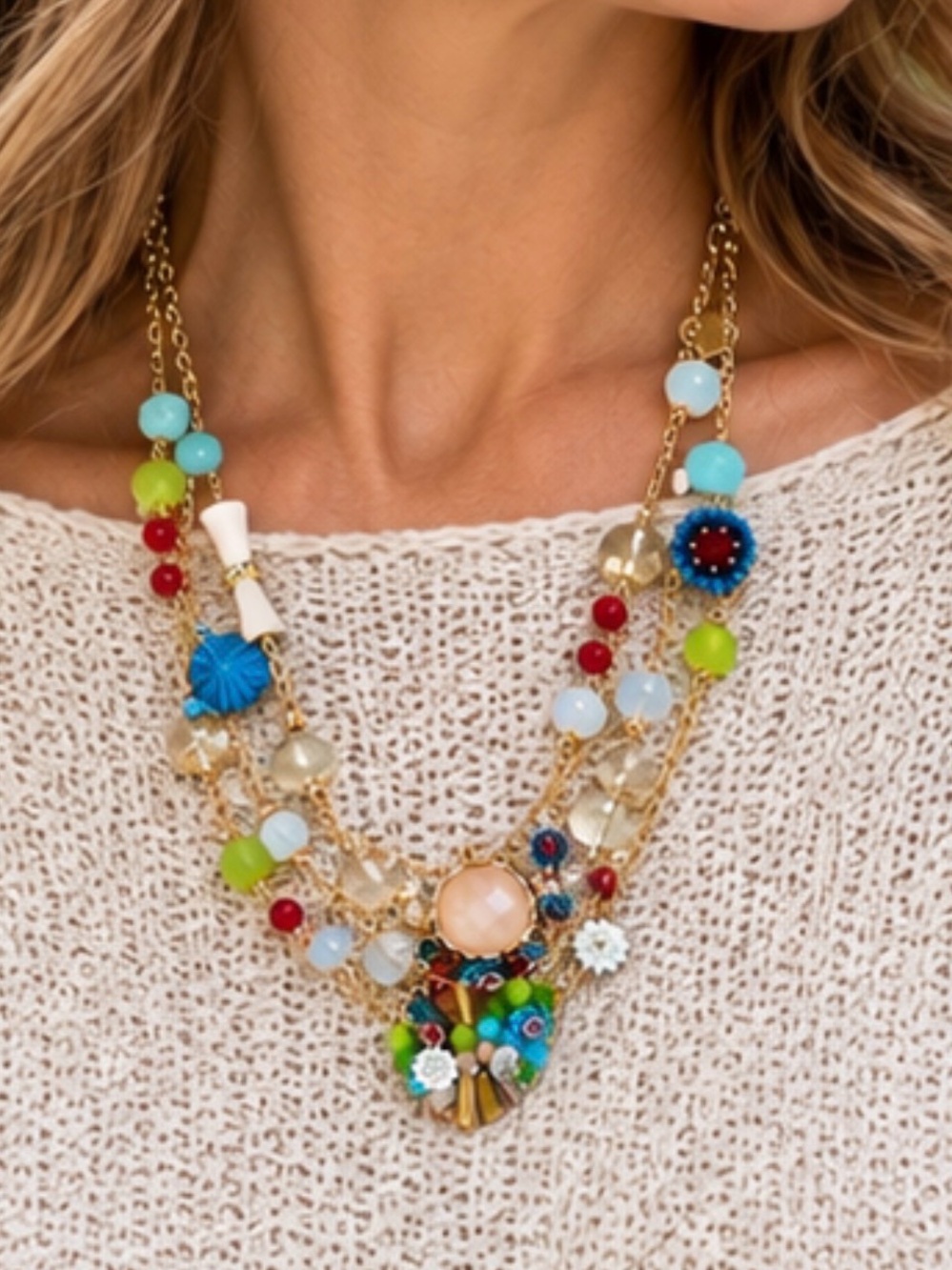 Whimsical Boho new 3 strand gold tone jeweled necklace